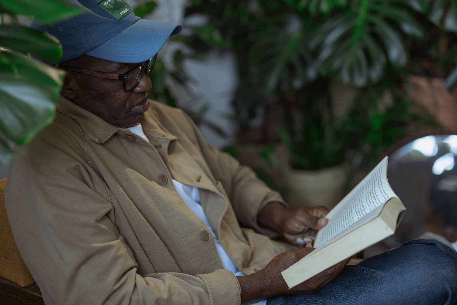 Older man in glasses reading a book beside leafy houseplants