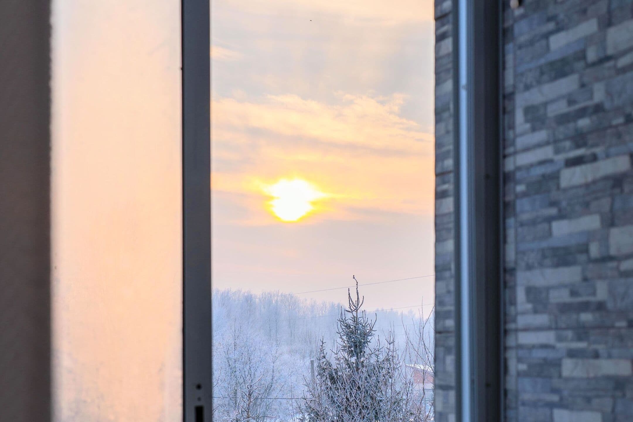 A winter sunrise over snow-covered trees, seen through a window with frost on the glass
