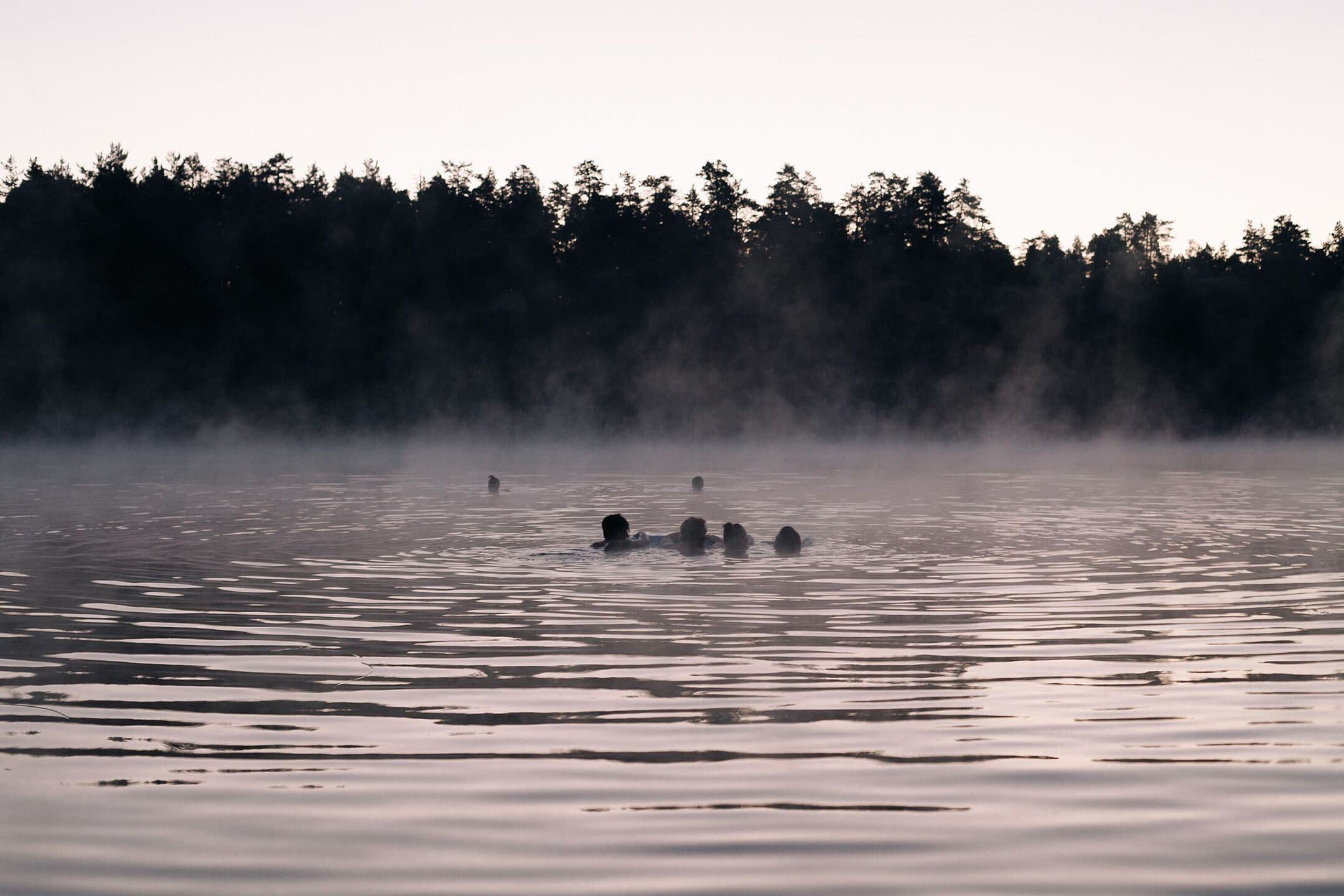 Swimmers far out on a still lake at dawn, with mist rising off the water